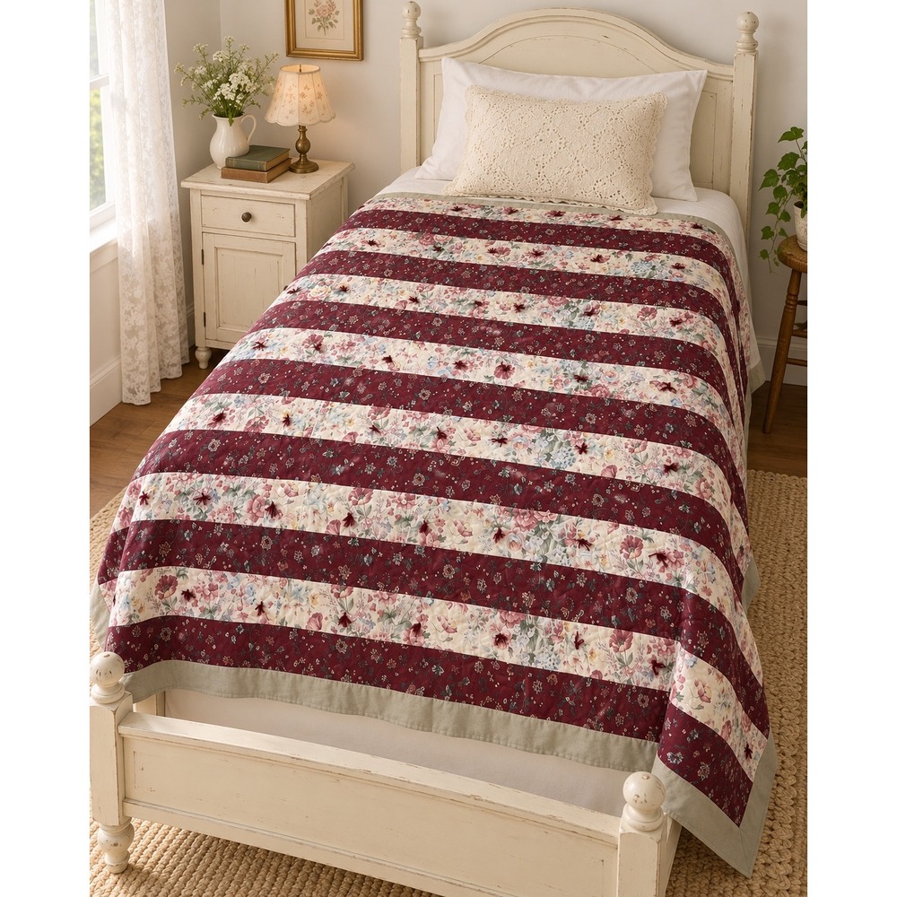 Handmade Burgundy Floral Stripe Twin Quilt 62x82 Tied Cottage Bedding